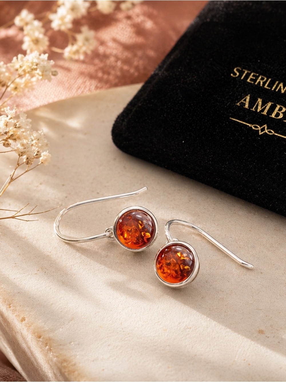 Sterling Silver Amber Drop Earrings - Orange